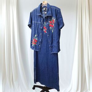 Denim Dress and Jacket Set with Floral Embroidery Size Large by Bila